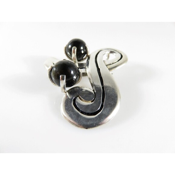 Fetching Modernist Swirling Silver & Onyx Brooch Pendant Taxco TC Conjoined Old - Picture 2 of 8